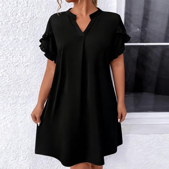Fznquz 2026 Womens Spring Dresses Summer Midi Black Casual A-Line V Neck Short Sleeve Ruffle Sleeve Loose Fall Outfits