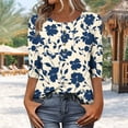 thumbnail image 1 of Fznquz 3/4 Length Sleeve Casual Tops for Women Dressy Formal Shirts Blue Crew Neck Floral Print Fall Button Oversized Blouses, 1 of 7