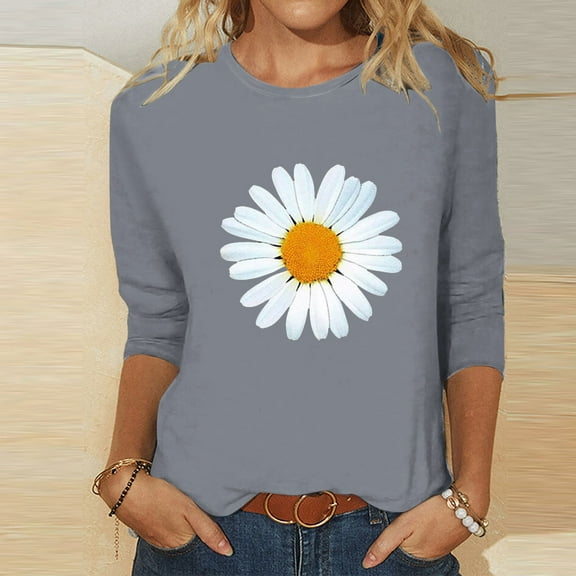 Fznquz 3/4 Length Sleeve Fall Shirts for Women 2025 Crew Neck Graphic Gray T Shirt Casual Loose Trendy Clothes,L