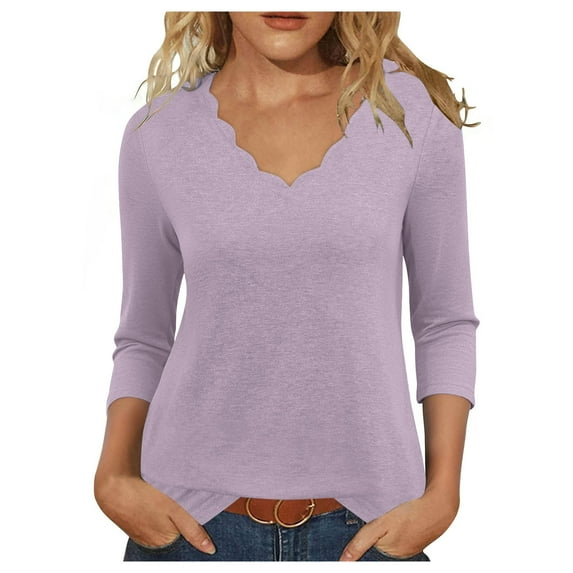 Fznquz 3/4 Length Sleeve Shirts for Women Plain Fall Purple Shirt Casual Solid V Neck Women Clothing,L