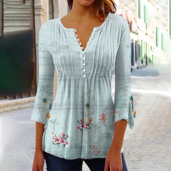 Fznquz 3/4 Length Sleeve Women Shirts Blue Loose Fit Floral Tees Button V Neck Dressy Tees,S