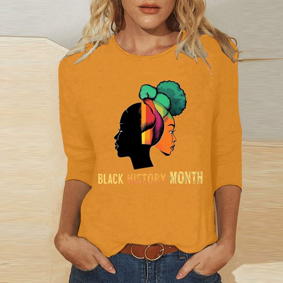 Fznquz 3/4 Length Sleeve Womens T Shirts Plus Size Orange 2025 T Shirt Crewneck Fashion Black History Month Womens Blouses