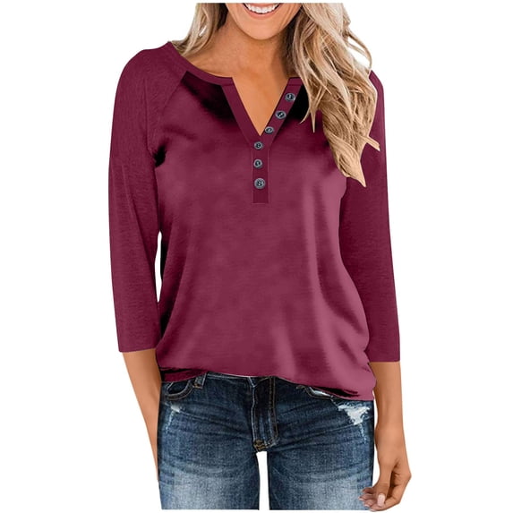 Fznquz 3/4 Length Sleeve Womens Tee Shirts Plain Red Casual Shirt Button Solid Color V Neck Womens Clothes Trendy 2025,S