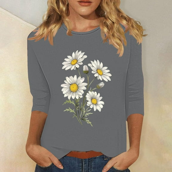 Fznquz 3/4 Sleeve Blouse Women Crew Neck Gray Floral Tees Soft Spring Summer Casual Women's Tops M