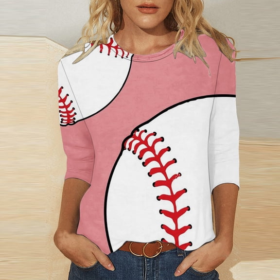 Fznquz 3/4 Sleeve Oversized Shirts for Women Pink Cute Crew Neck Tee Volleyball Print Loose Fall T Shirts,XL