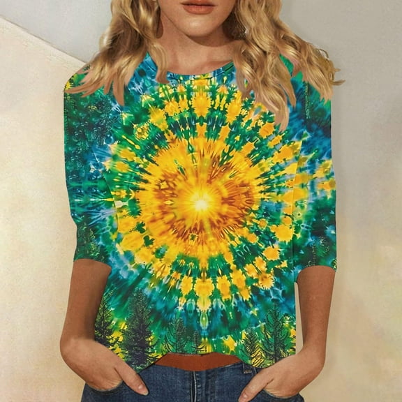 Fznquz 3/4 Sleeve Tops Women Casual Tie Dye T Shirt Crew Neck Spring 2025 Soft Ladies Blouse