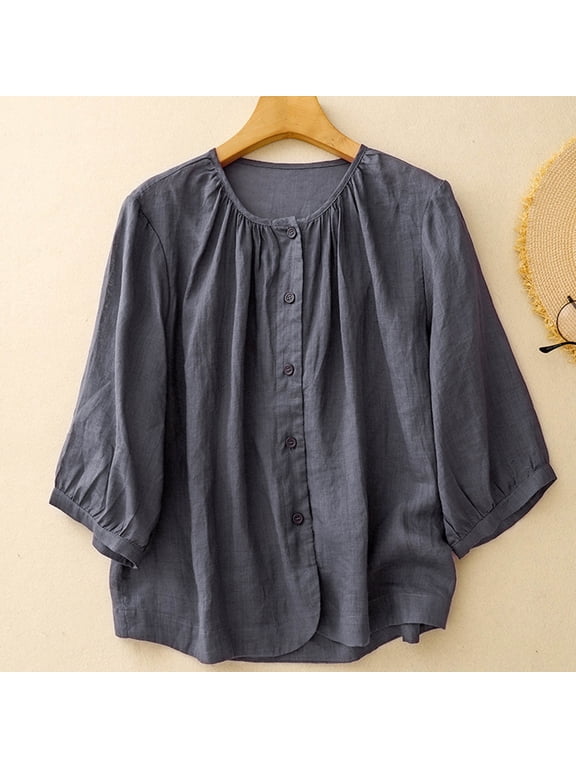3/4 Sleeve Tops for Women Trendy Button Down Cotton Linen Shirt Casual Spring Summer Plain Blue Ladies Tops