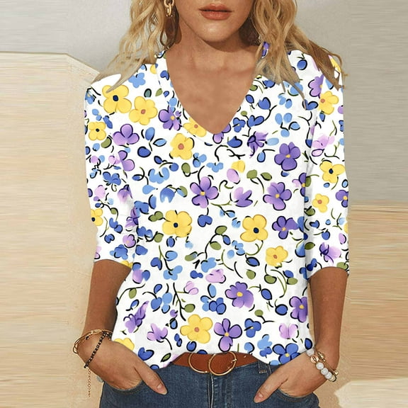 Fznquz 3/4 Sleeve Women's Blouses Floral V Neck Shirt Loose Spring Fall 2025 Women's Clothing L