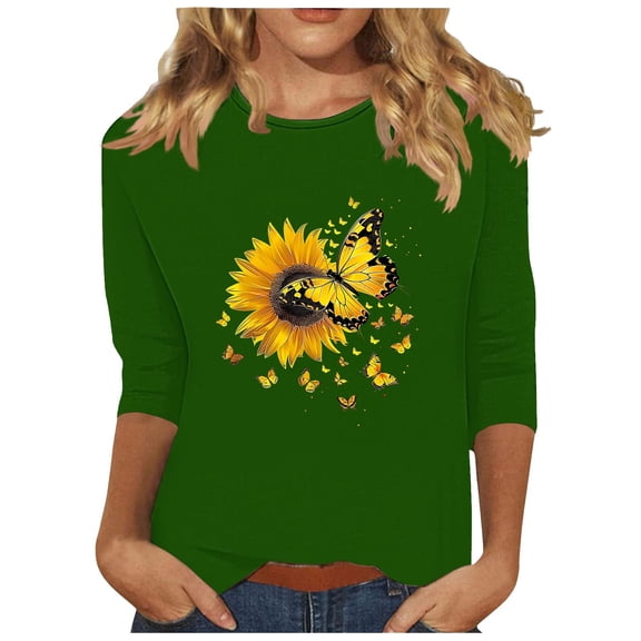 Fznquz 3/4 Sleeve Women's T Shirt Green Floral Crew Neck Tees Soft Casual Spring Summer Women Tops XXL
