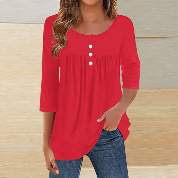 Fznquz 3/4 Sleeve Womens Blouse Casual Red Fall T Shirts Solid Color Winter Pleated Loose Fashion,XL