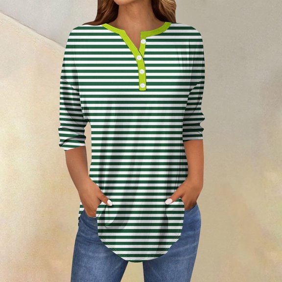 Fznquz 3/4 Sleeve Womens Oversized Tee Shirts Green Tunics Loose Fit Tee Striped V Neck Button Womens Clothes,XL