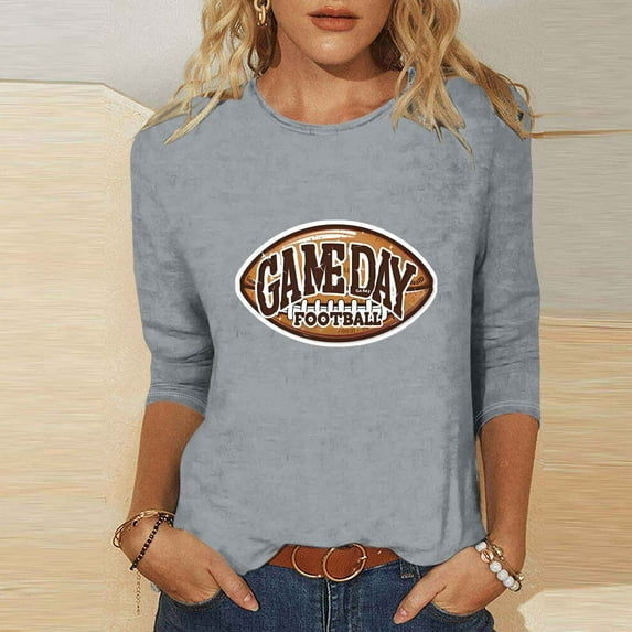 Fznquz 3/4 Sleeve Womens T-Shirts Crewneck Game Day Gray Shirt Spring Fall Sunday Casual Funday Fashion for Women L