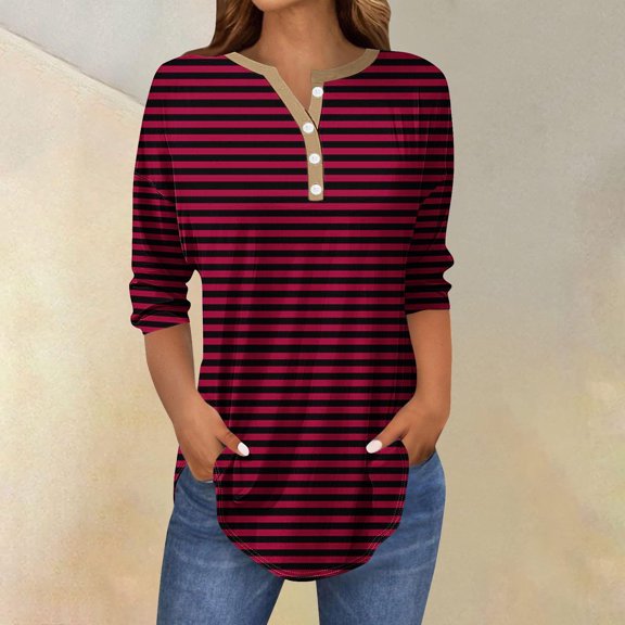 Fznquz 3/4 Sleeve Womens Tee Tunics Red Loose Fit Tops Striped V Neck Button Women's Fashion,L
