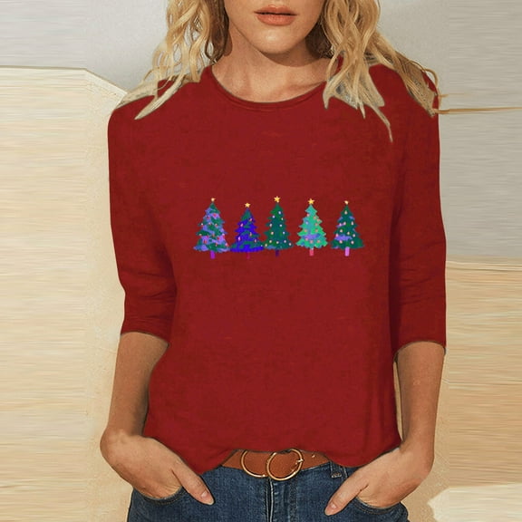 Fznquz 3/4 Sleeve Womens Tees Red Casual Winter T Shirts Christmas Crewneck 2025 Women's Fashion,L