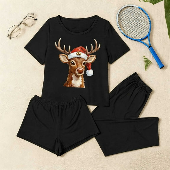 Fznquz 3 Piece Cute Pajama Sets for Women Winter Soft Christmas Pajama Short Sleeve Casual Tops and Shorts Pants Pj Set