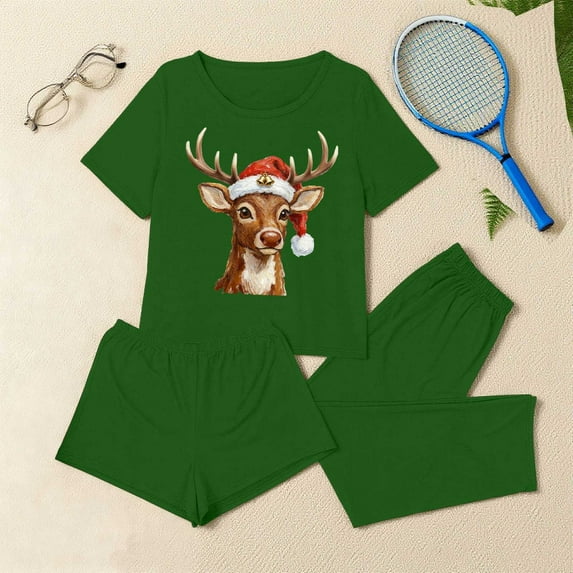 Fznquz 3 Piece Womens Loungewear Set Soft Winter Christmas Pj Short Sleeve Casual Tops and Shorts Pants Pjama Set Womens