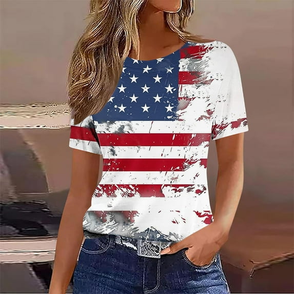Fznquz 4th of July Womens Casual Tops Summer Patriotic Tees Independence Day 2025 Usa Flag Blouse for Women