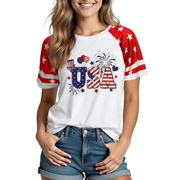 Fznquz 4th of July Womens Tops Casual Independence Day Shirt Patriotic Usa Print Red Summer Shirts