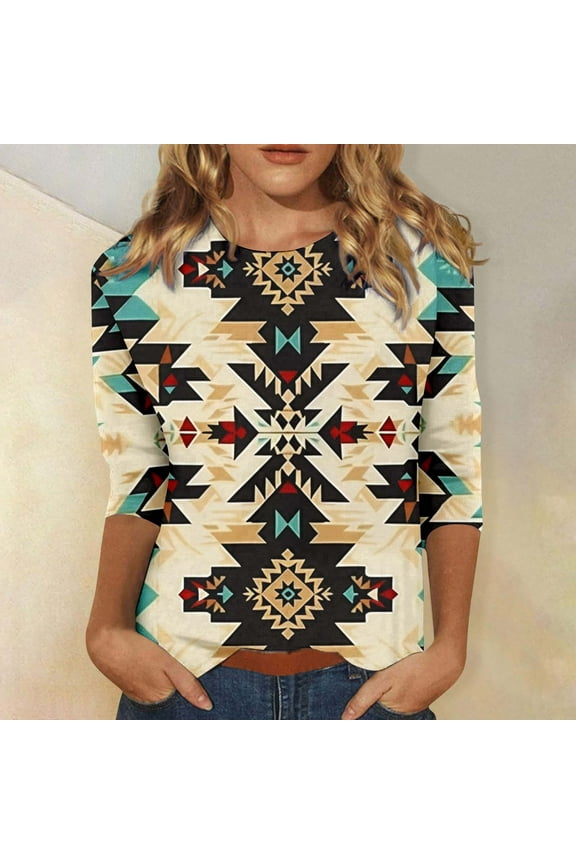 Aztec Plus Size Womens Tops 3/4 Length Sleeve Western Beige Shirts Graphic 2025 Casual Fashion,L