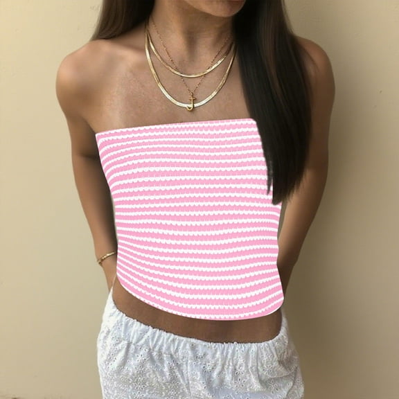 Fznquz Bandeau Tank Top Women Going Out Pink Strapless Tube Tops Crop Striped Summer Clothes