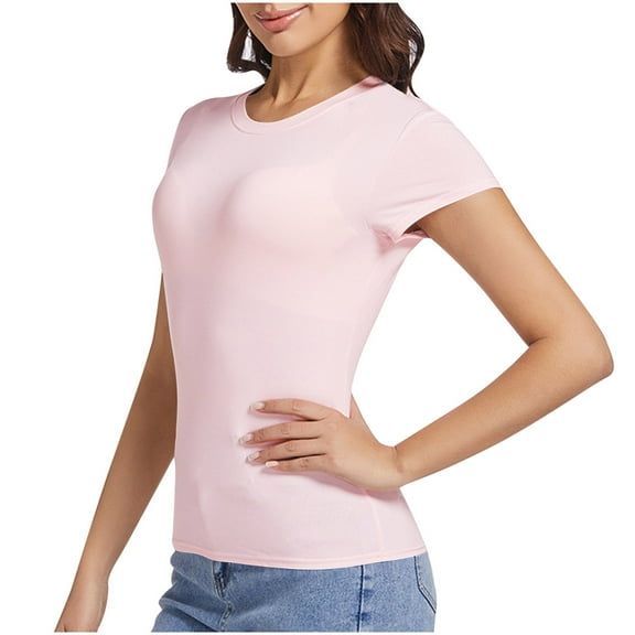 Fznquz Basic Spring Tops for Women 2025 Short Sleeve Plain Tshirts Solid Summer Pink Crewneck Womens Blouses Dressy Casual