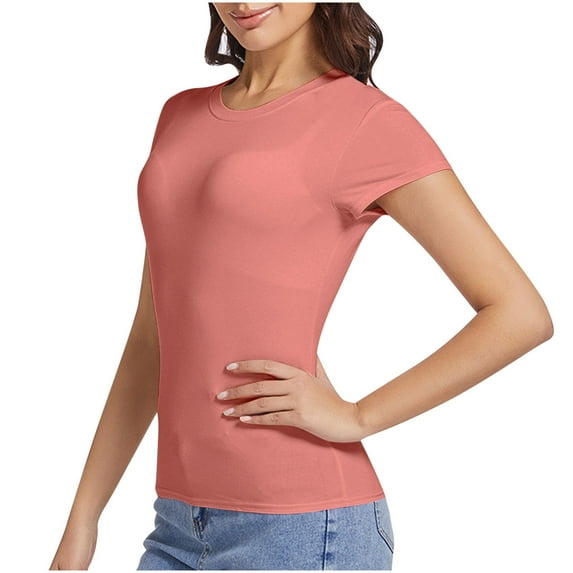 Fznquz Basic Tops Women Plain Short Sleeve Tshirts Casual Red Crewneck Solid Womens Summer Blouses