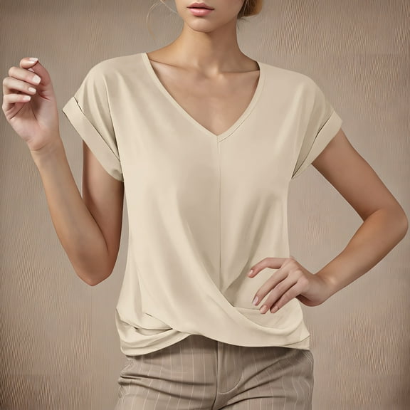 Fznquz Basic Women Tops Summer Casual Beige T-Shirt Loose Fit Short Sleeve V Neck Womens Blouse