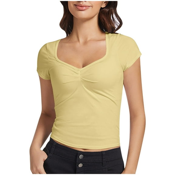 Fznquz Basic Womens Summer Tops Workout Tees V Neck Plain Short Sleeve Slim Fit Yellow Women's T-Shirts