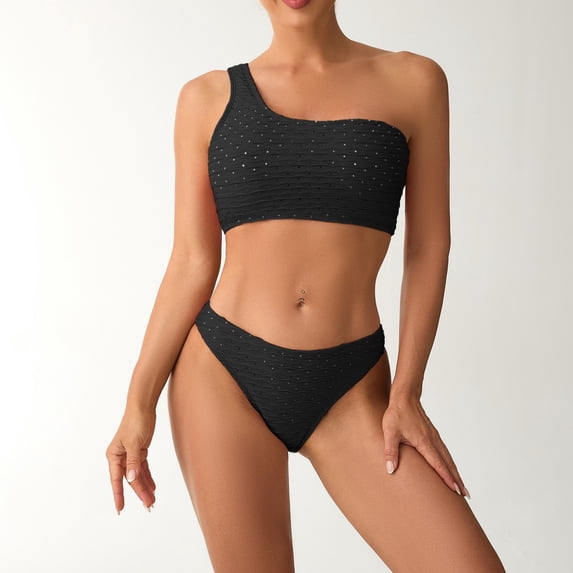 Fznquz Bathing Suit for Women 2 Piece One Shoulder Cheeky Swimwear High Waisted Tummy Control Swim Suit,L