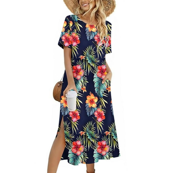 Fznquz Beach Womens Dresses 2025 Maxi Floral A-Line Side Slit Boho Summer Casual Ladies Dresses XL
