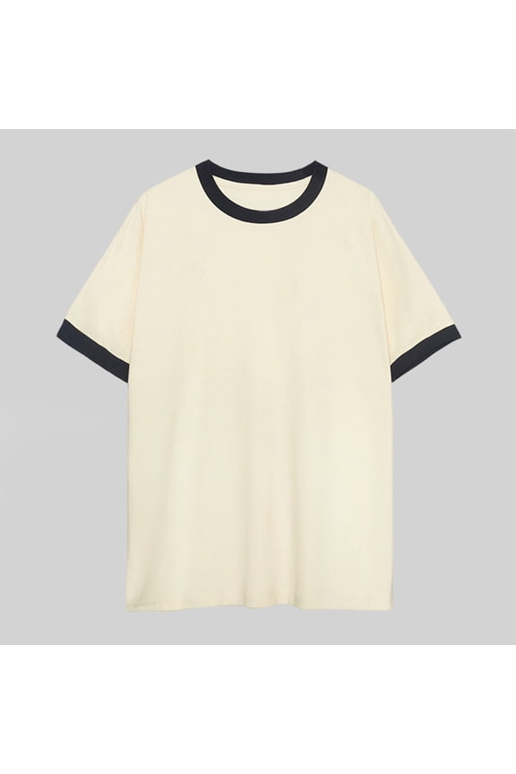 Beige Mens Tshirts Cotton Short Sleeve Casual Ringer Crew Neck T Shirts XL