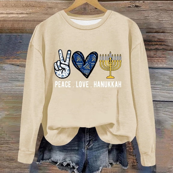 Fznquz Beige Womens Business Casual Tops Hanukkah Crewneck Fall Winter Sweatshirts Trendy Long Sleeve Womens Clothes