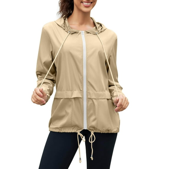 Fznquz Beige Womens Plus Size Tops Plain Zip Up Waterproof Jacket Drawstring Hooded Workout Women's T-Shirts