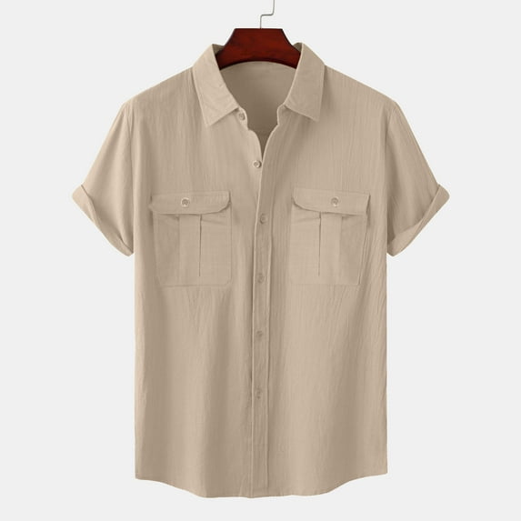 Fznquz Big and Tall Button Up Shirt Men Short Sleeve Cotton Linen Plain Button down Shirt Vintage Soft Mens Clothes