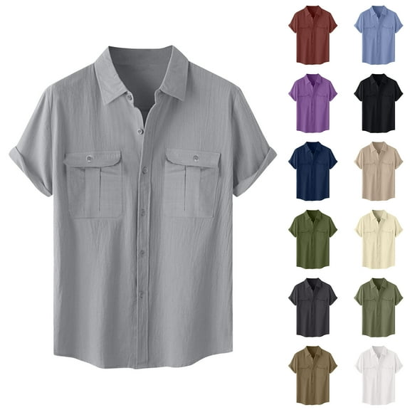 Fznquz Big and Tall Button Up Shirt Men Short Sleeve Cotton Linen Plain Button down Shirt Vintage Soft Mens Clothes