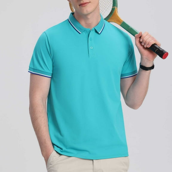 Fznquz Big and Tall Polo Shirts for Men Basic Blue Dress Polos Button Plain Casual Summer Men's Fashion L