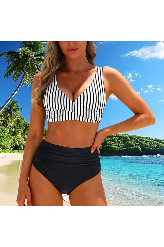 Bikini Sets for Women 2 Piece Striped Tummy Control Bathing Suits Tie Knot Balconette High Waisted Swimwear,L