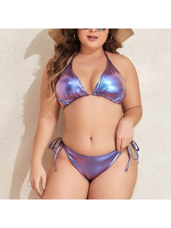 Bikinis Sets for Women Plus Size Triangle Bathing Suit Cheeky Side Tie Knot Metallic String Swimsuit,XL