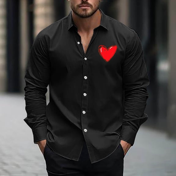 Fznquz Black Button Up Shirts for Men Valentine's Day Spring Long Sleeve Shirt Heart Graphic Button down Collared Clothes Men