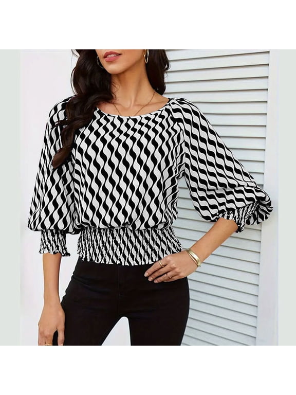 Black Long Sleeve Tops for Women Puff Sleeve Striped Color Block Shirt Round Neck Fall Dressy Womens Oversized Tee Shirts