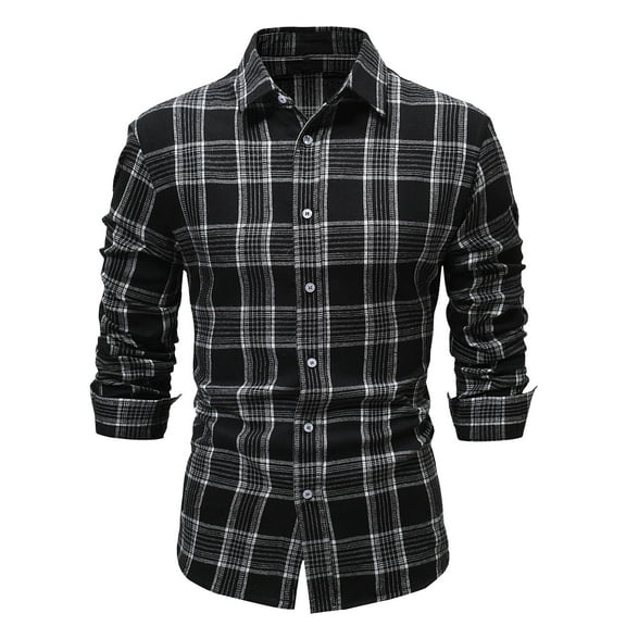 Fznquz Black Men's Button Up Shirt Long Sleeve Plaid Flannel Button down Shirt Casual Collared Big and Tall Mens Clothes
