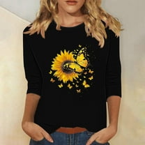 Fznquz Black Plus Size Shirts for Women Floral Crew Neck 3/4 Sleeve Tees Casual Soft Spring Summer Women Tops L