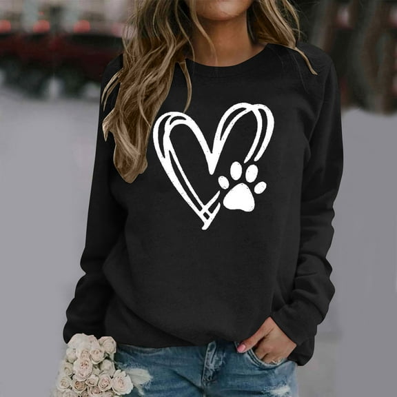 Fznquz Black T-Shirts for Women Long Sleeve Fall Winter Loose Fitting Sweatshirts Dog Paw Print Casual Crewneck Ladies Blouses