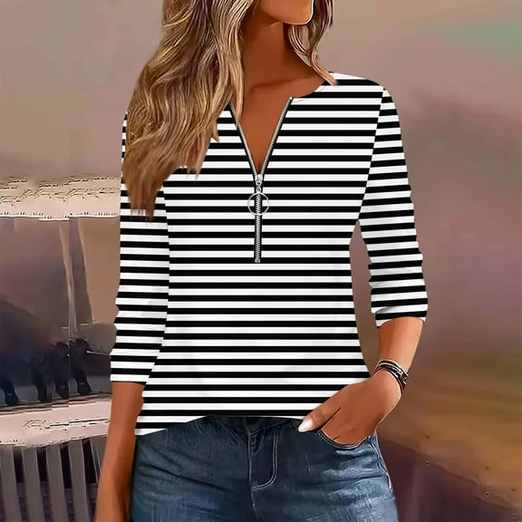 Fznquz Black Tops for Teen Girls V Neck Fall Dressy Casual Shirts Work Trendy Striped Half Zip Womens Tee Shirts