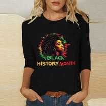 Fznquz Black Women Tops 2025 3/4 Length Sleeve Plus Size Shirt Black History Print Fashion Crewneck Women Blouse