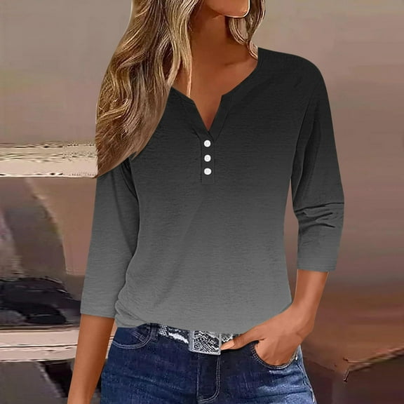 Fznquz Black Women's Blouses Casual V Neck Long Sleeve T Shirts Gradient Button Spring Summer Tops for Women L