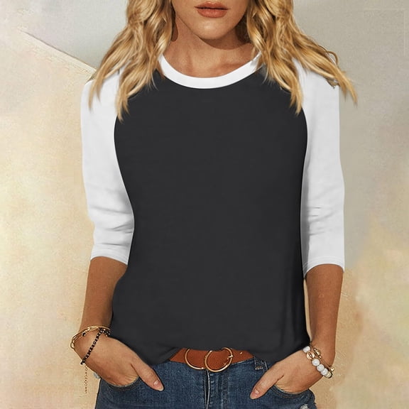 Fznquz Black Womens 3/4 Sleeve Tops and Blouses Crew Neck Color Block Casual Shirts Fall Raglan Shirt,XL