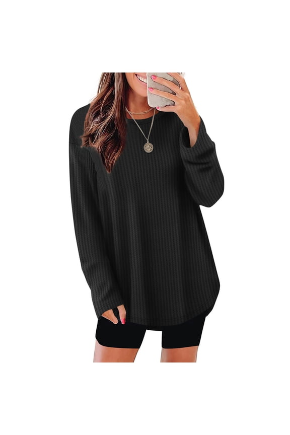 Black Womens Blouses Dressy Casual Waffle Knit Crew Neck Plain Long Sleeve T Shirts Spring Fall Women Tshirts,S