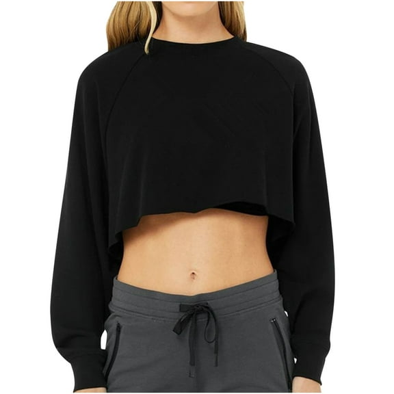 Fznquz Black Womens Sweatshirts Cropped Crewneck Trendy Fashion Oversized Long Sleeve Plain Outfits