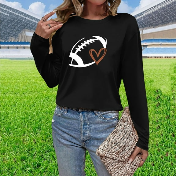 Fznquz Black Womens T Shirts Game Day Long Sleeve Tops Football Graphic Tunic Sunday Funday Womens Fashion L